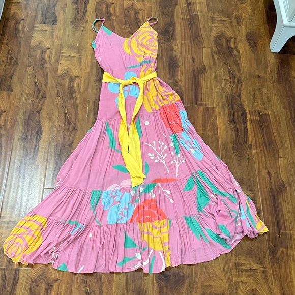 Chic Pink Floral Maxi Skirt with Yellow Sash